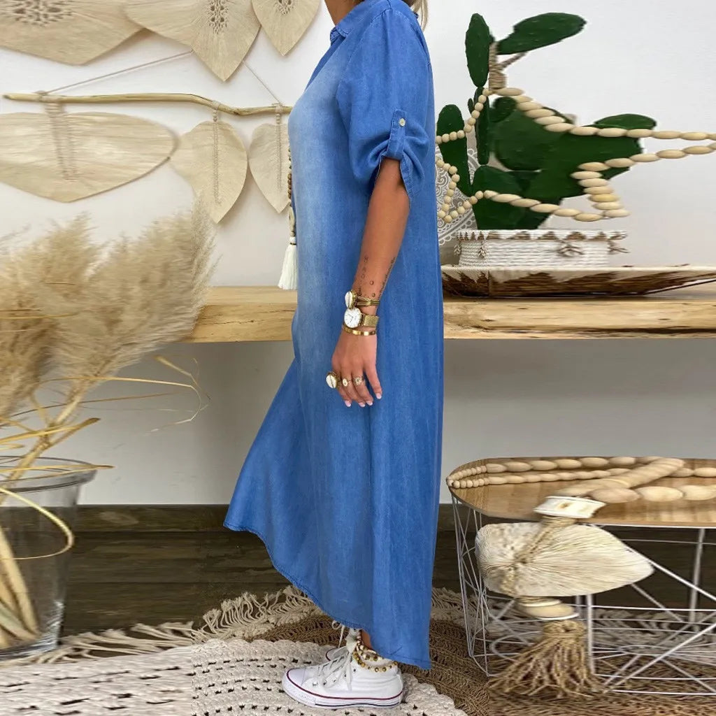 Llanges Kleid Im Jeans-Look Mit Seitenschlitz