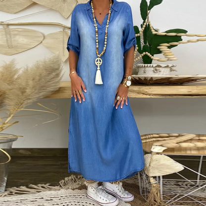 Llanges Kleid Im Jeans-Look Mit Seitenschlitz