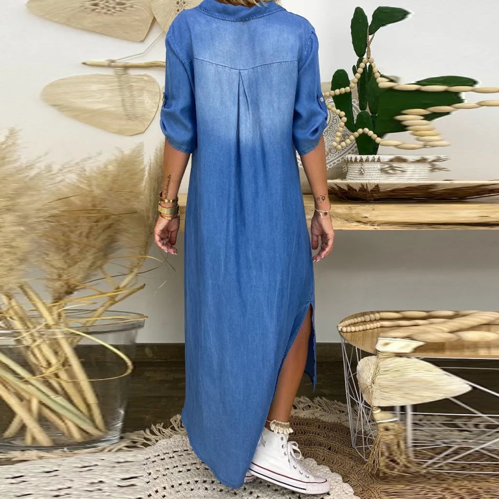 Llanges Kleid Im Jeans-Look Mit Seitenschlitz