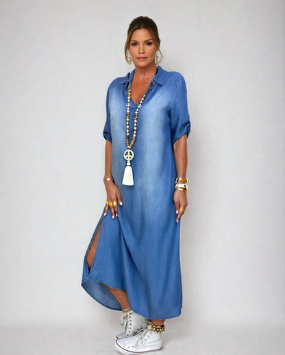 Llanges Kleid Im Jeans-Look Mit Seitenschlitz