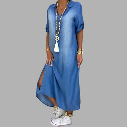 Llanges Kleid Im Jeans-Look Mit Seitenschlitz