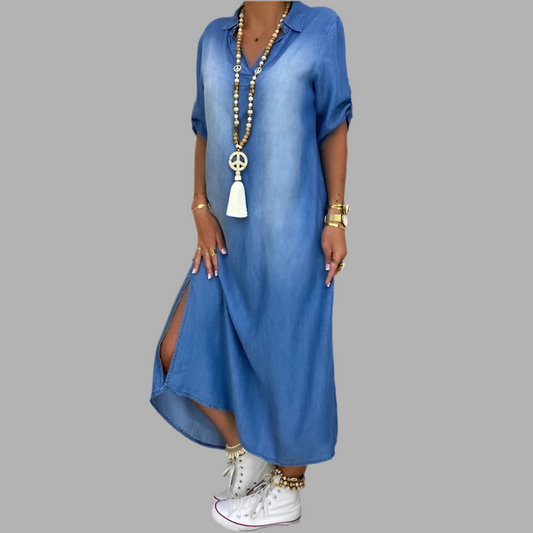 Llanges Kleid Im Jeans-Look Mit Seitenschlitz